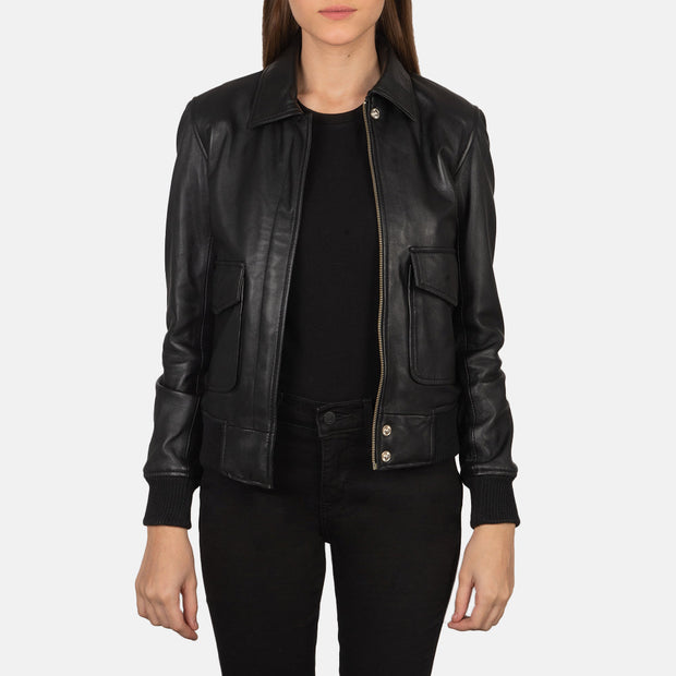 Women's A2 Black Leather Bomber Jacket: The Fiorella