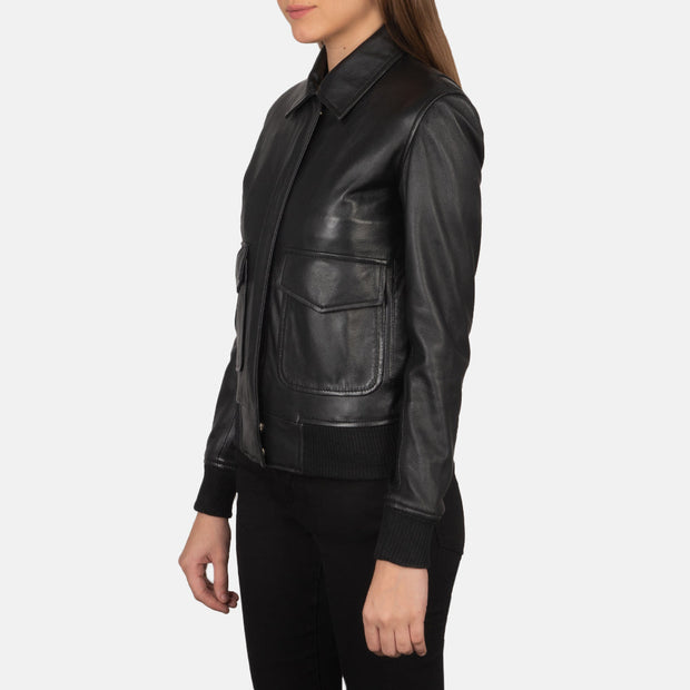 Women's A2 Black Leather Bomber Jacket: The Fiorella