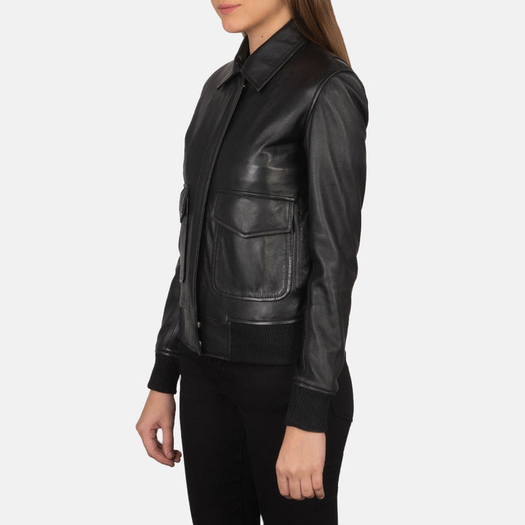 Women's A2 Black Leather Bomber Jacket: The Fiorella