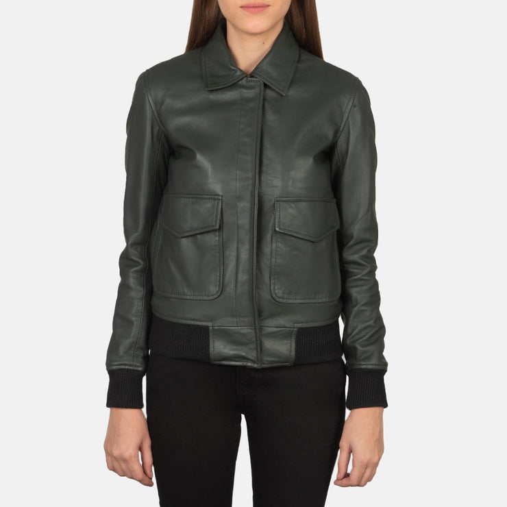 Women's A2 Green Leather Bomber Jacket: The Fiorella