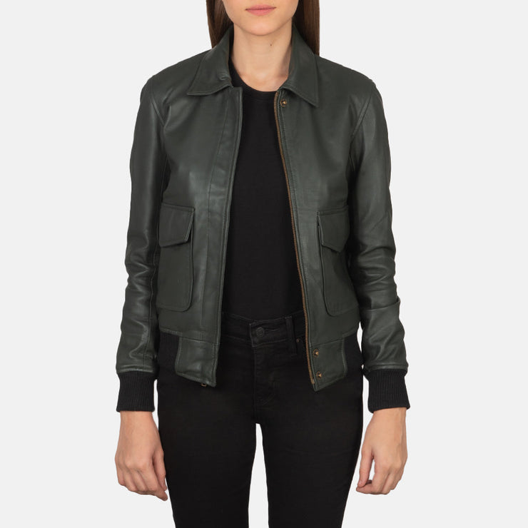 Women's A2 Green Leather Bomber Jacket: The Fiorella