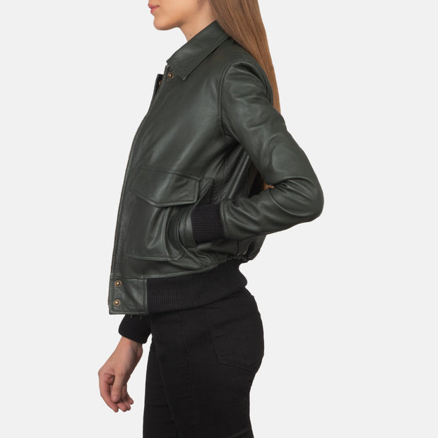 Women's A2 Green Leather Bomber Jacket: The Fiorella