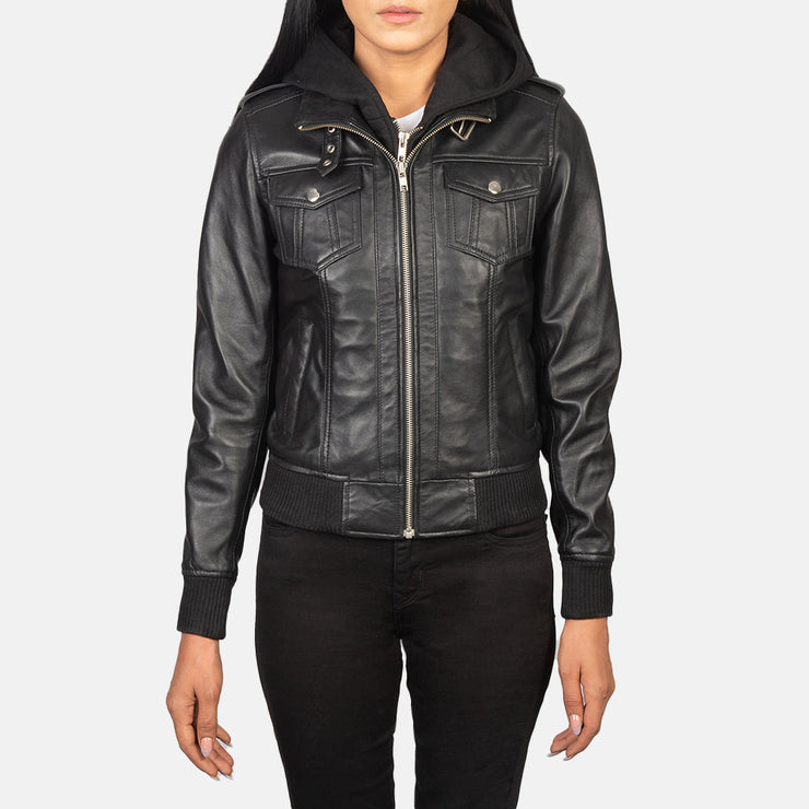 Women's Black Hooded Leather Bomber Jacket: The Kylie