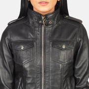 Women's Black Hooded Leather Bomber Jacket: The Kylie