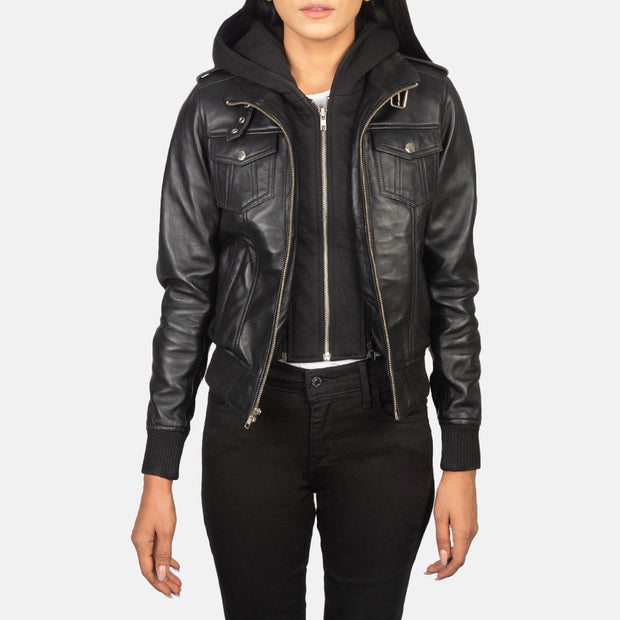 Women's Black Hooded Leather Bomber Jacket: The Kylie