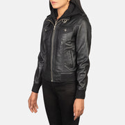 Women's Black Hooded Leather Bomber Jacket: The Kylie