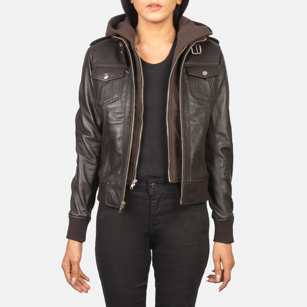 Women's Dark Brown Hooded Leather Bomber Jacket: The Kylie