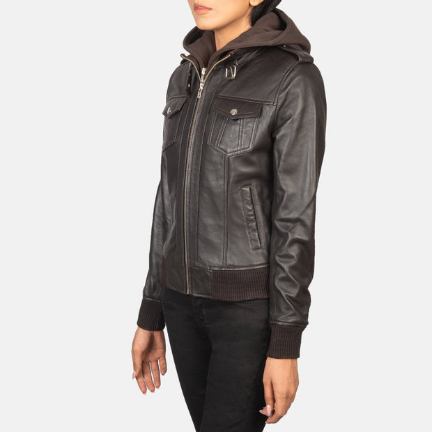 Women's Dark Brown Hooded Leather Bomber Jacket: The Kylie