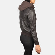 Women's Dark Brown Hooded Leather Bomber Jacket: The Kylie