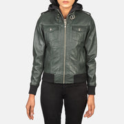 Women's Green Hooded Leather Bomber Jacket: The Kylie