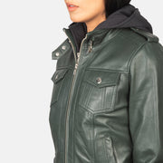 Women's Green Hooded Leather Bomber Jacket: The Kylie