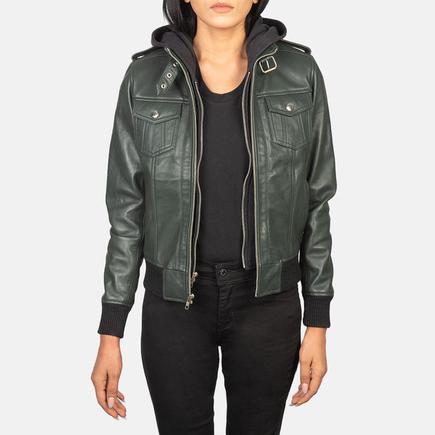 Women's Green Hooded Leather Bomber Jacket: The Kylie