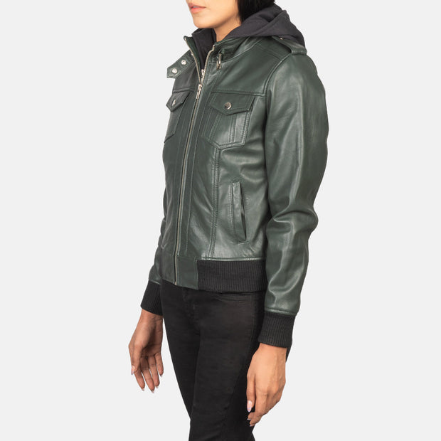 Women's Green Hooded Leather Bomber Jacket: The Kylie