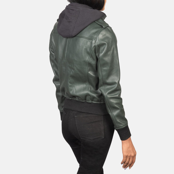 Women's Green Hooded Leather Bomber Jacket: The Kylie