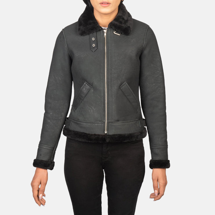 Women's B-3 Distressed Black Leather Bomber Jacket With Faux Fur: The Matilde