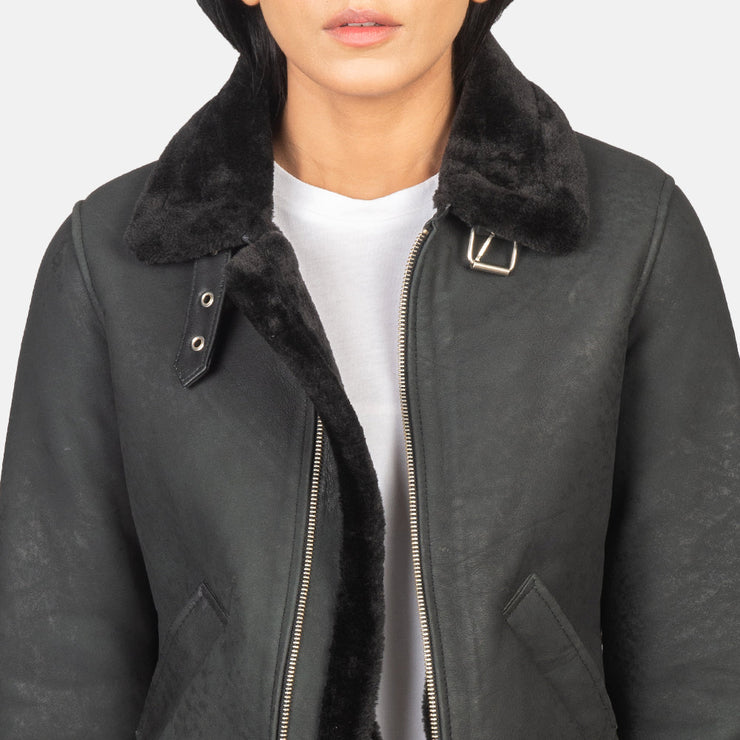 Women's B-3 Distressed Black Leather Bomber Jacket With Faux Fur: The Matilde