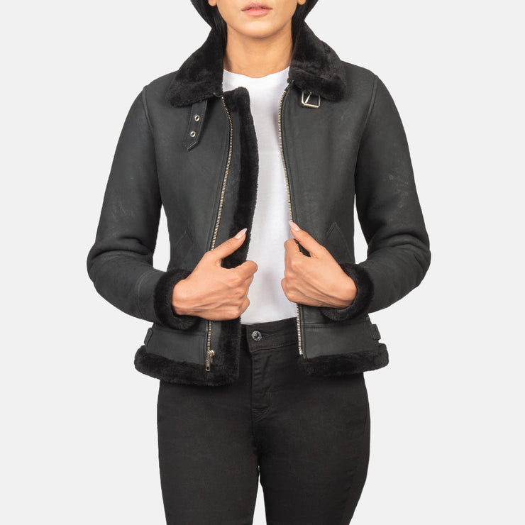 Women's B-3 Distressed Black Leather Bomber Jacket With Faux Fur: The Matilde