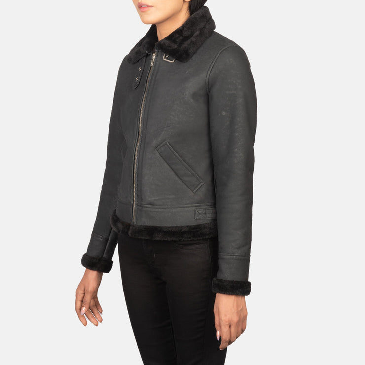 Women's B-3 Distressed Black Leather Bomber Jacket With Faux Fur: The Matilde