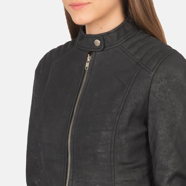 Women's Distressed Black Leather Biker Jacket: The Nova