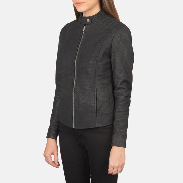 Women's Distressed Black Leather Biker Jacket: The Nova