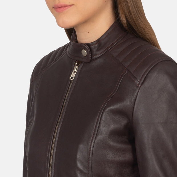 Women's Maroonish Brown Leather Biker Jacket: The Nova