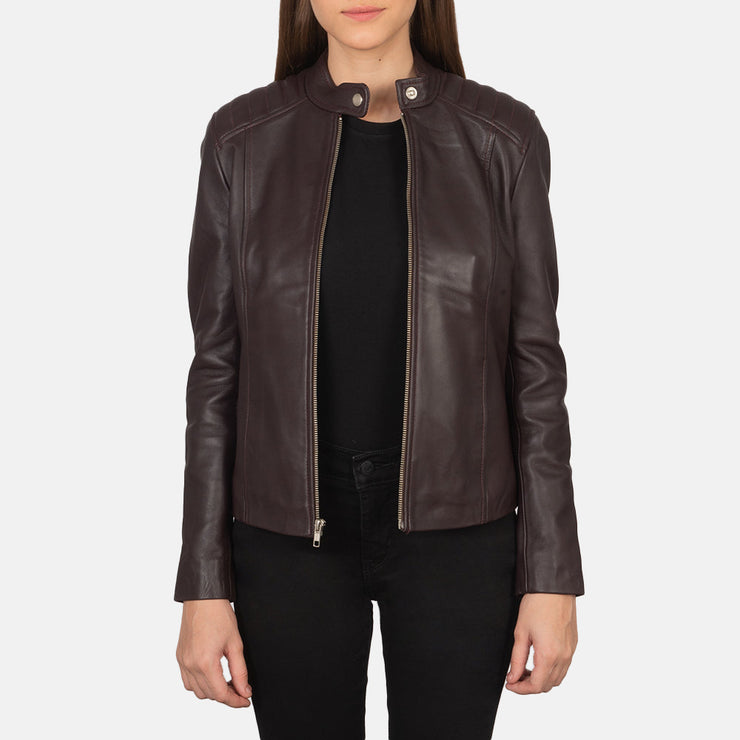 Women's Maroonish Brown Leather Biker Jacket: The Nova