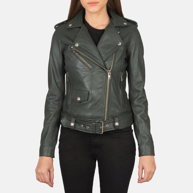 Women's Green Leather Biker Jacket: The Stella