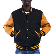 Men's Black And Yellow Varsity Jacket With Pure Leather Sleeves: The Pioneer