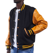 Men's Black And Yellow Varsity Jacket With Pure Leather Sleeves: The Pioneer