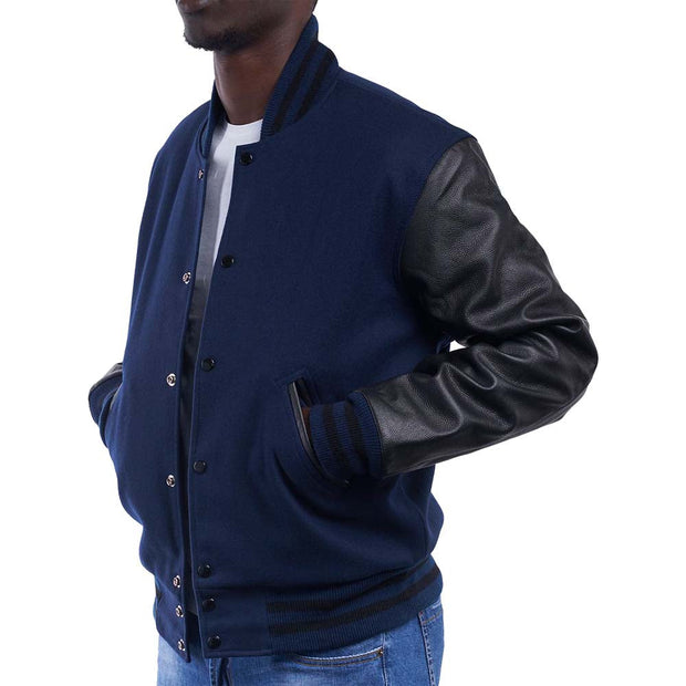 Men's Navy Black Varsity Jacket With Cowhide Leather Sleeves: The Last Demon