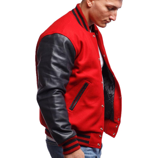 Men's Red And Black Varsity Jacket With Cowhide Leather Sleeves: The Last Demon