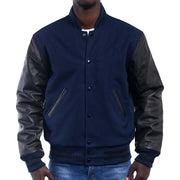 Men's Navy Black Varsity Jacket With Cowhide Leather Sleeves: The Last Demon