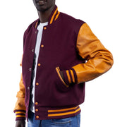 Men's Maroon And Yellow Varsity Jacket With Pure Leather Sleeves: The Pioneer