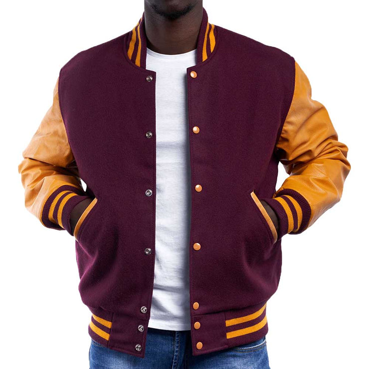 Men's Maroon And Yellow Varsity Jacket With Pure Leather Sleeves: The Pioneer