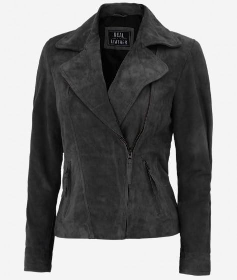 LEATHERS Women's Grey Suede Leather Moto Jacket