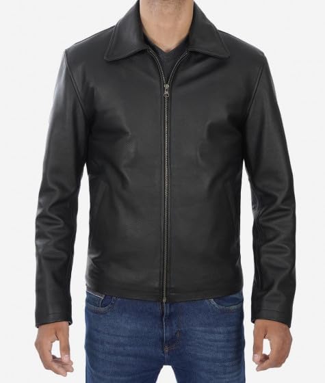 LEATHERS Mens Black Classic Shirt Collar Leather Lambsheep Jacket