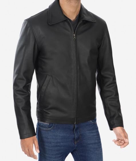 LEATHERS Mens Black Classic Shirt Collar Leather Lambsheep Jacket