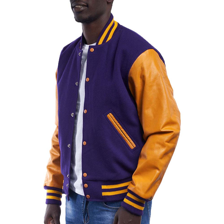 Men's Purple And Yellow Varsity Jacket With Pure Leather Sleeves: The Pioneer