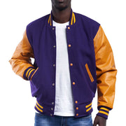 Men's Purple And Yellow Varsity Jacket With Pure Leather Sleeves: The Pioneer