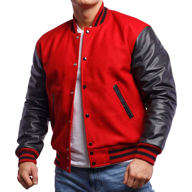 Men's Red And Black Varsity Jacket With Cowhide Leather Sleeves: The Last Demon