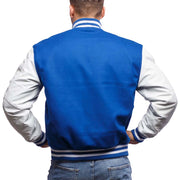 Men's Blue And White Varsity Jacket With Cowhide Leather Sleeves: The Last Demon