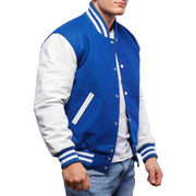 Men's Blue And White Varsity Jacket With Cowhide Leather Sleeves: The Last Demon