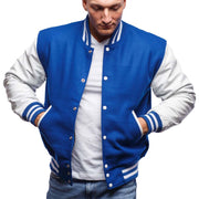 Men's Blue And White Varsity Jacket With Cowhide Leather Sleeves: The Last Demon