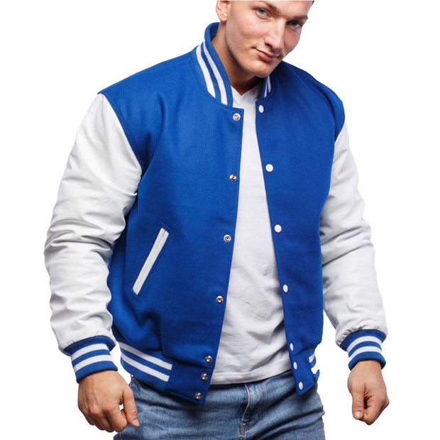 Men's Blue And White Varsity Jacket With Cowhide Leather Sleeves: The Last Demon