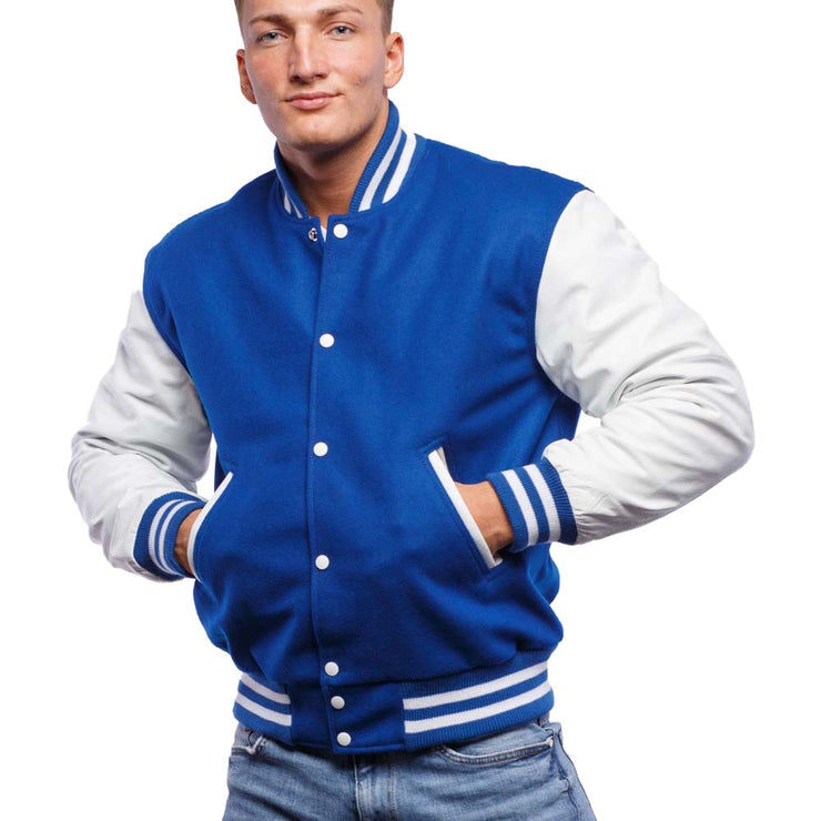 Men's Blue And White Varsity Jacket With Cowhide Leather Sleeves: The Last Demon